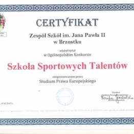 Mamy CERTYFIKAT w konkursie Szkoła Sportowych Talentów.