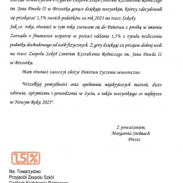 LIST OTWARY Towarzystwa Przyjaciół Zespołu Szkół CKR im. Jana Pawła II w Brzostku
